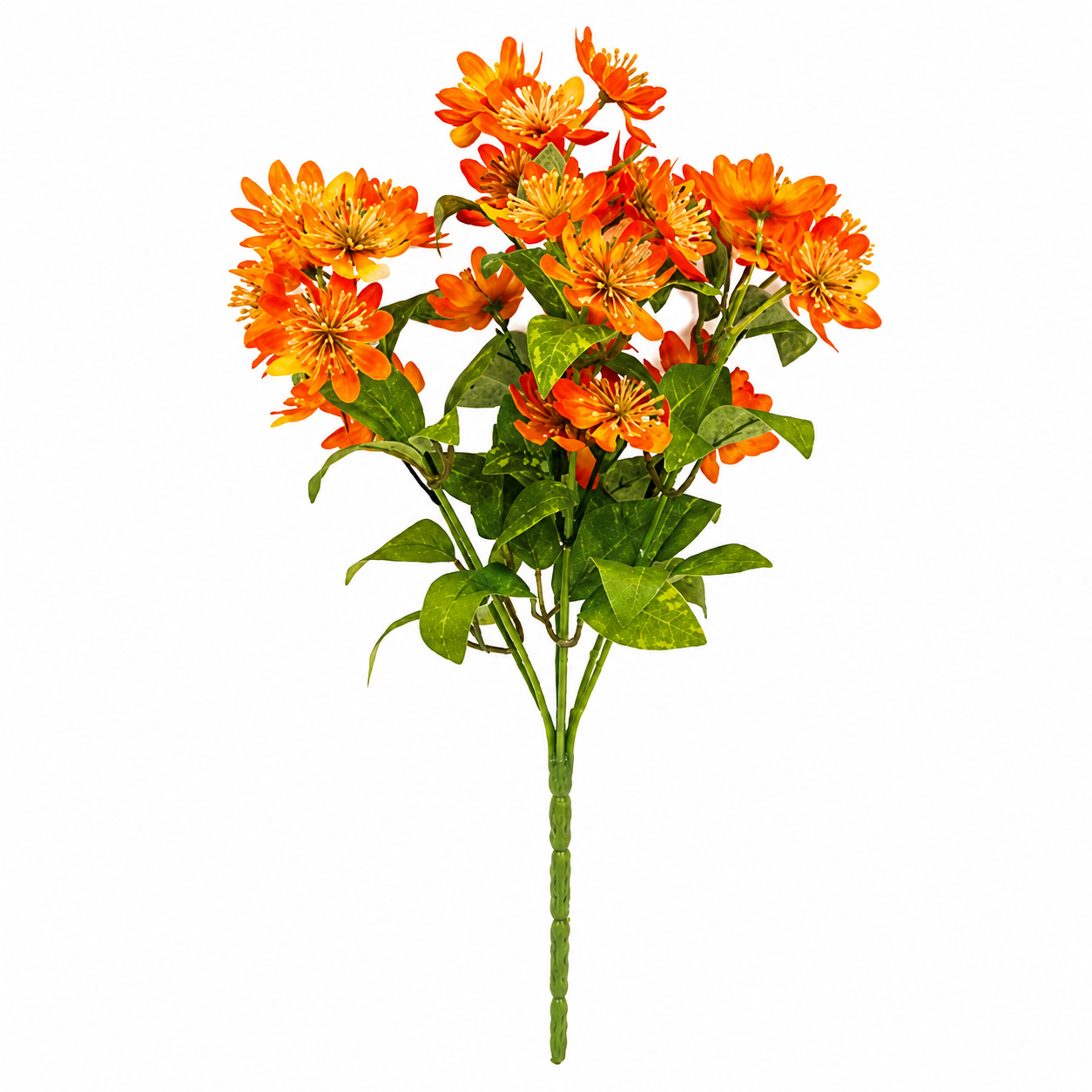 A single stem of artificial orange flowers with green leaves and stems, isolated on a white background.