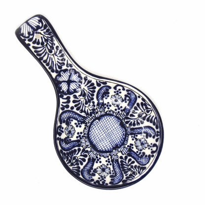 Authentic Talavera-style pottery spoon rest, lead-free and microwave-safe, perfect for functional and decorative use.