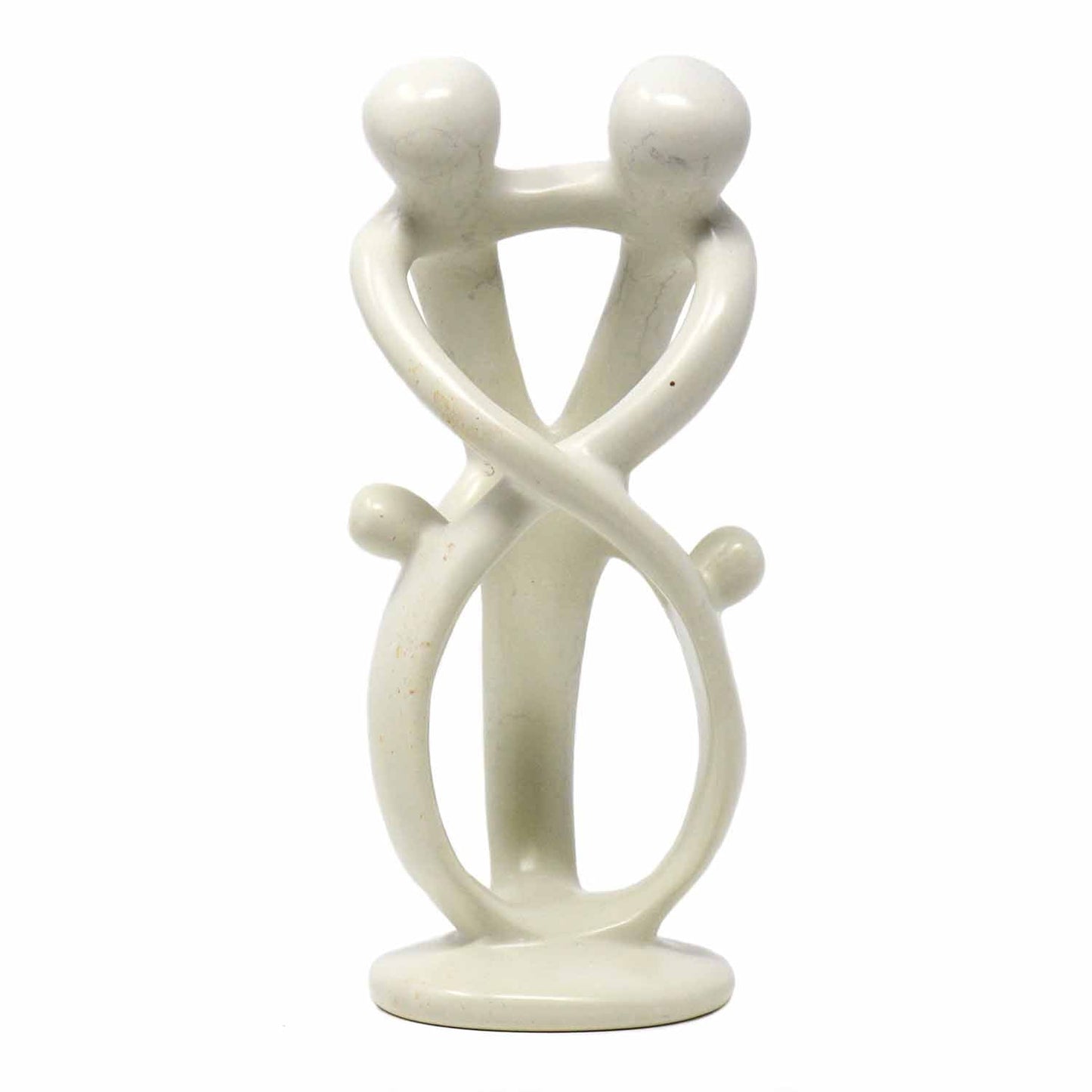 Hand-carved soapstone family sculpture featuring two parents and two children, Fair Trade and ethically sourced from Kenyan artisans, perfect as sustainable home decor or a sentimental family gift.