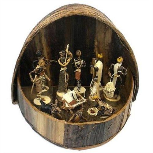 Handmade banana fiber nativity set from Kenya featuring 11 artisan-crafted figures with a sustainable stable storage box, perfect for eco-friendly Christmas décor and ethical holiday gifts.