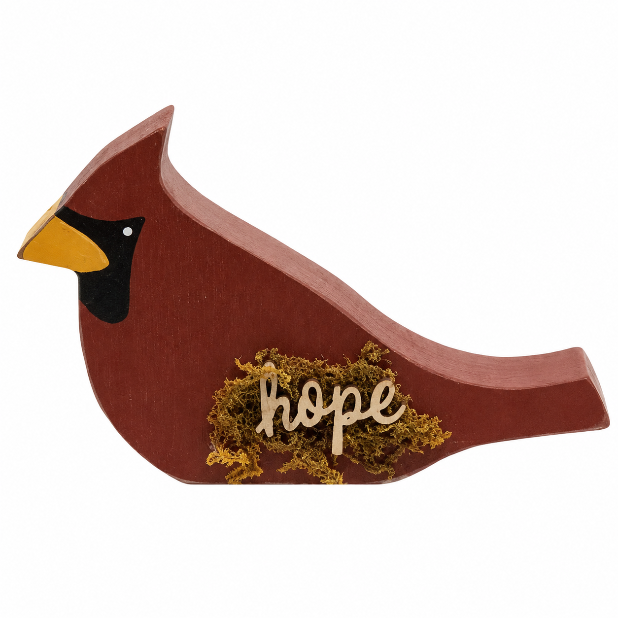 A decorative wooden cardinal-shaped ornament in reddish brown, with a black and yellow beak, a patch of green and gold moss, and the word "hope" in light wood lettering on the side, shown on a plain white background.