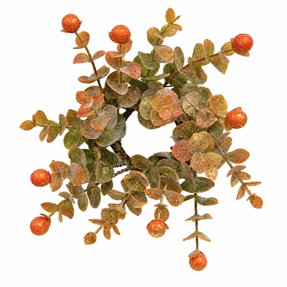 An artificial autumn wreath featuring glittery bronze and gold leaves with sparkling orange berries, isolated on a white background.