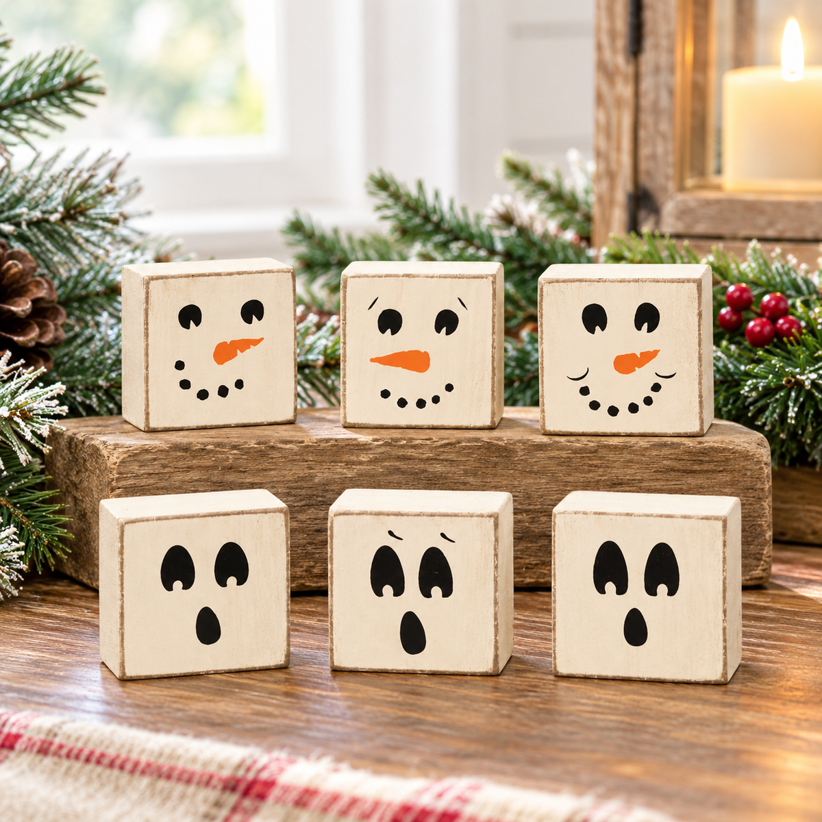Six small wooden decorative blocks with simple black face drawings and orange carrot noses, arranged on a wooden surface with holiday greenery and a lit candle in the background.