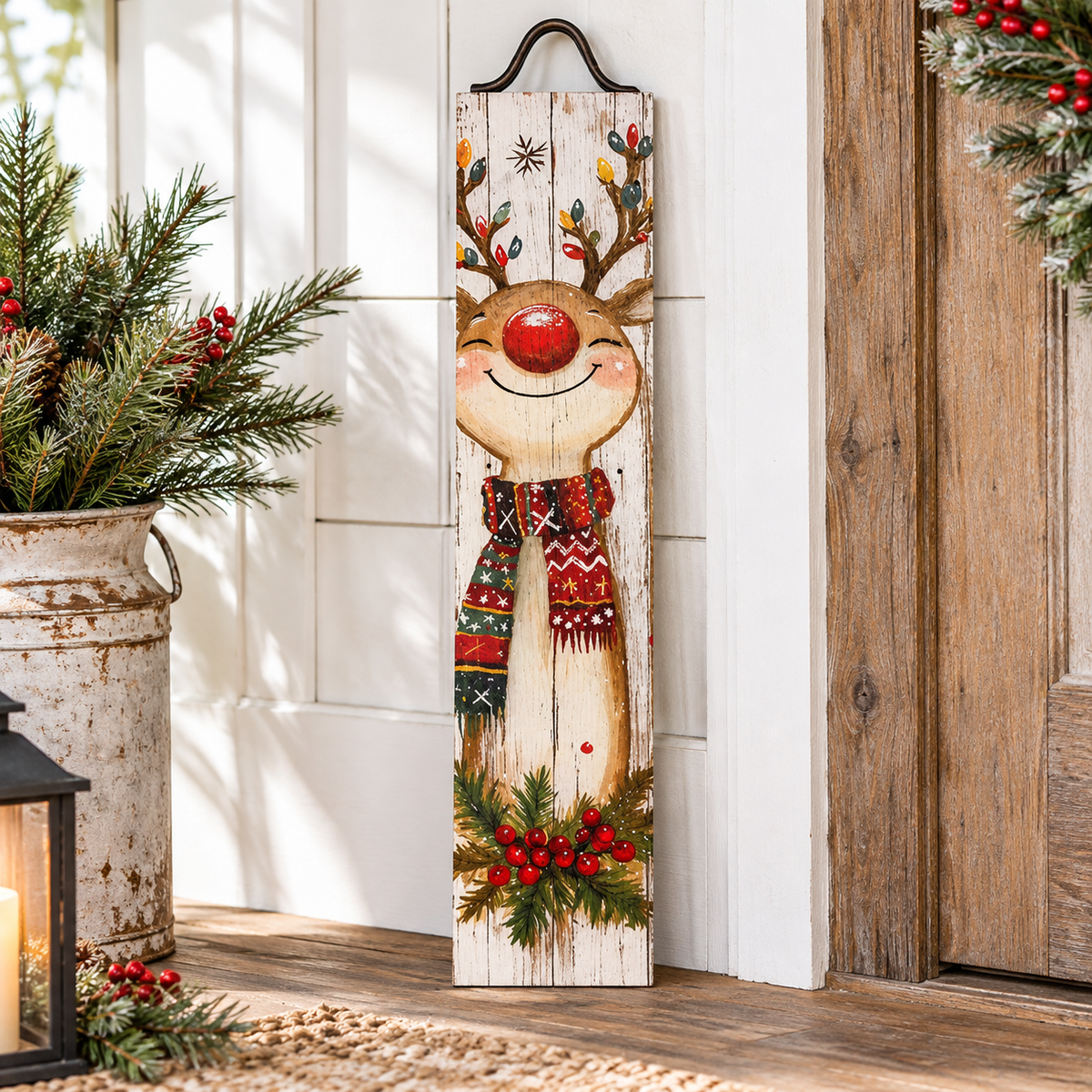 A vertical rustic wooden Christmas sign featuring a smiling reindeer with a red nose, colorful antlers, a red patterned scarf, and green holly with red berries at the bottom, displayed on a porch next to holiday greenery and a lantern.