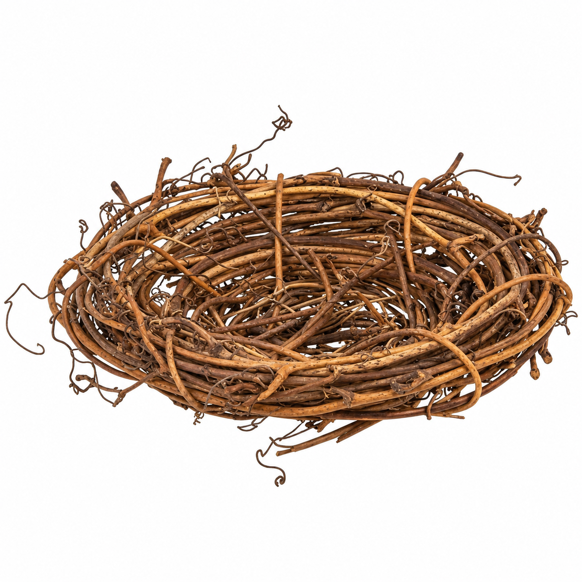 A rustic woven vine nest decoration made from intertwined brown and tan branches, isolated on a white background.