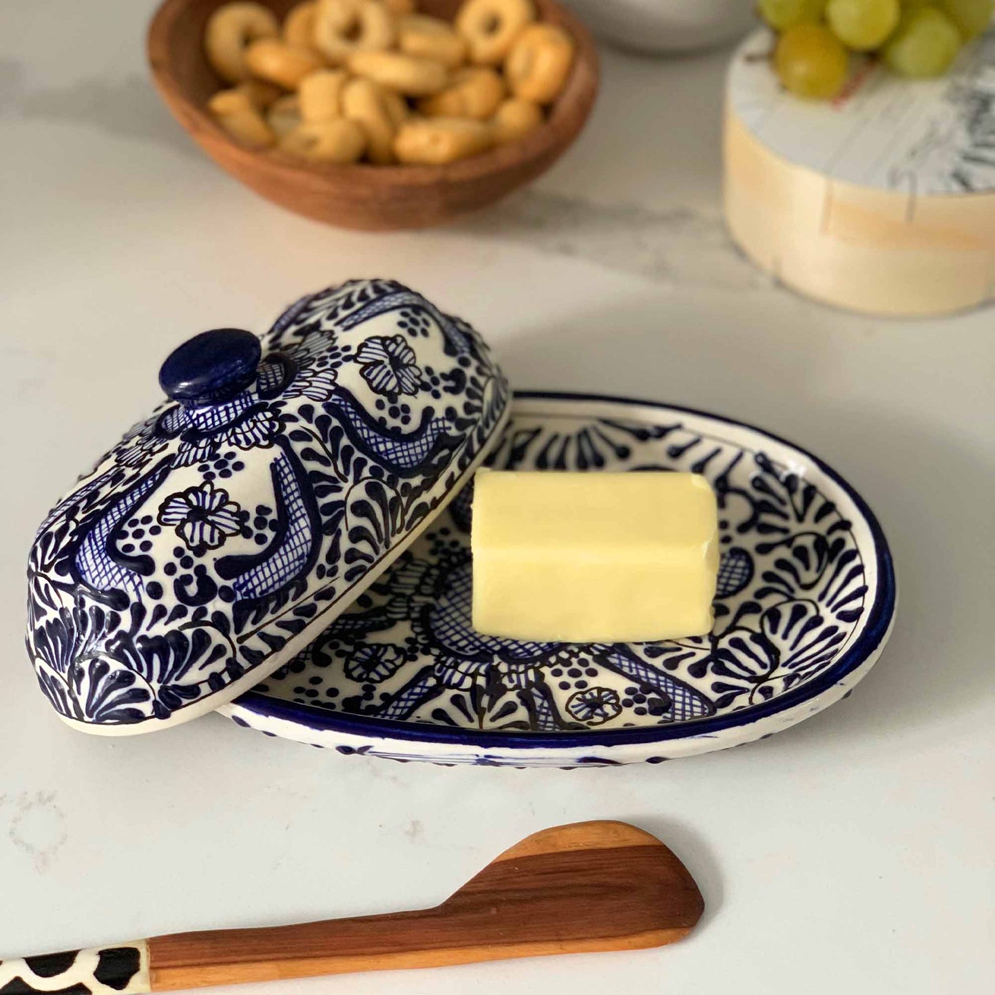 Handmade Pottery Butter Dish – Blue Floral Mexican Ceramic