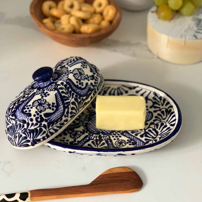 Handmade Pottery Butter Dish – Blue Floral Mexican Ceramic