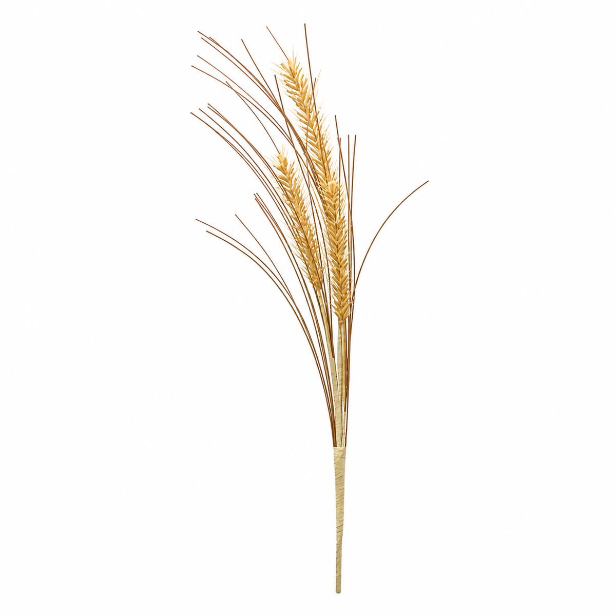A decorative artificial wheat or barley stalk with golden-yellow ears and brownish stems, isolated on a plain white background.