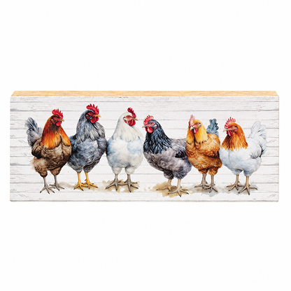A rectangular decorative wall sign featuring a watercolor-style illustration of seven chickens standing side by side on a white wood-plank background.