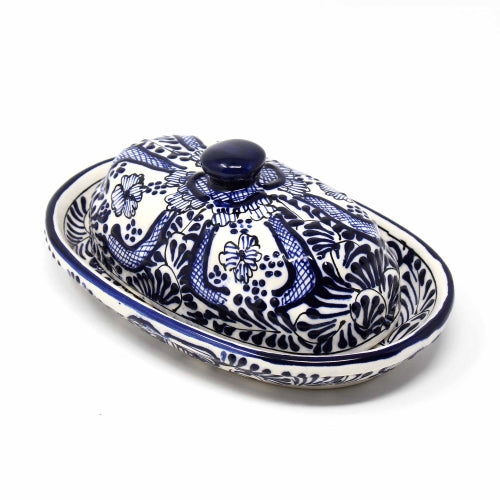 Handmade Pottery Butter Dish – Blue Floral Mexican Ceramic