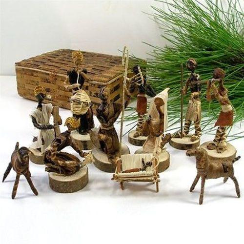 Handwoven Banana Fiber Nativity Set displayed inside its storage box, showcasing intricate craftsmanship.