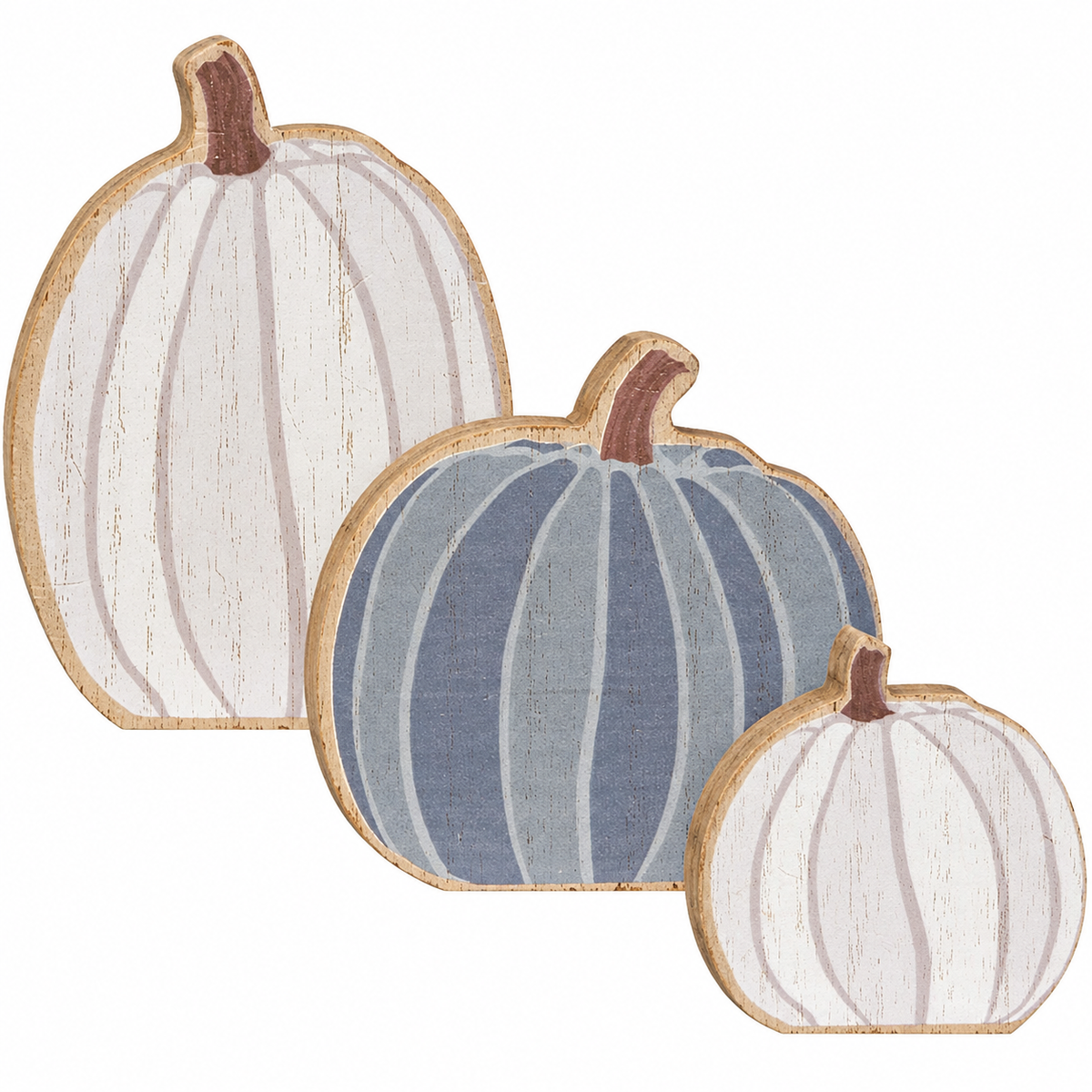 Three rustic decorative pumpkins in graduated sizes, featuring a distressed white finish on the larger and smaller pumpkins, a distressed blue-gray finish on the middle pumpkin, and brown faux-wood edges and stems.