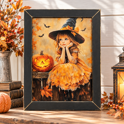 A framed Halloween art print featuring a young girl in a witch hat and dress sitting beside a jack-o'-lantern, displayed on a wooden surface with autumn decor including a lantern, books, and dried leaves.