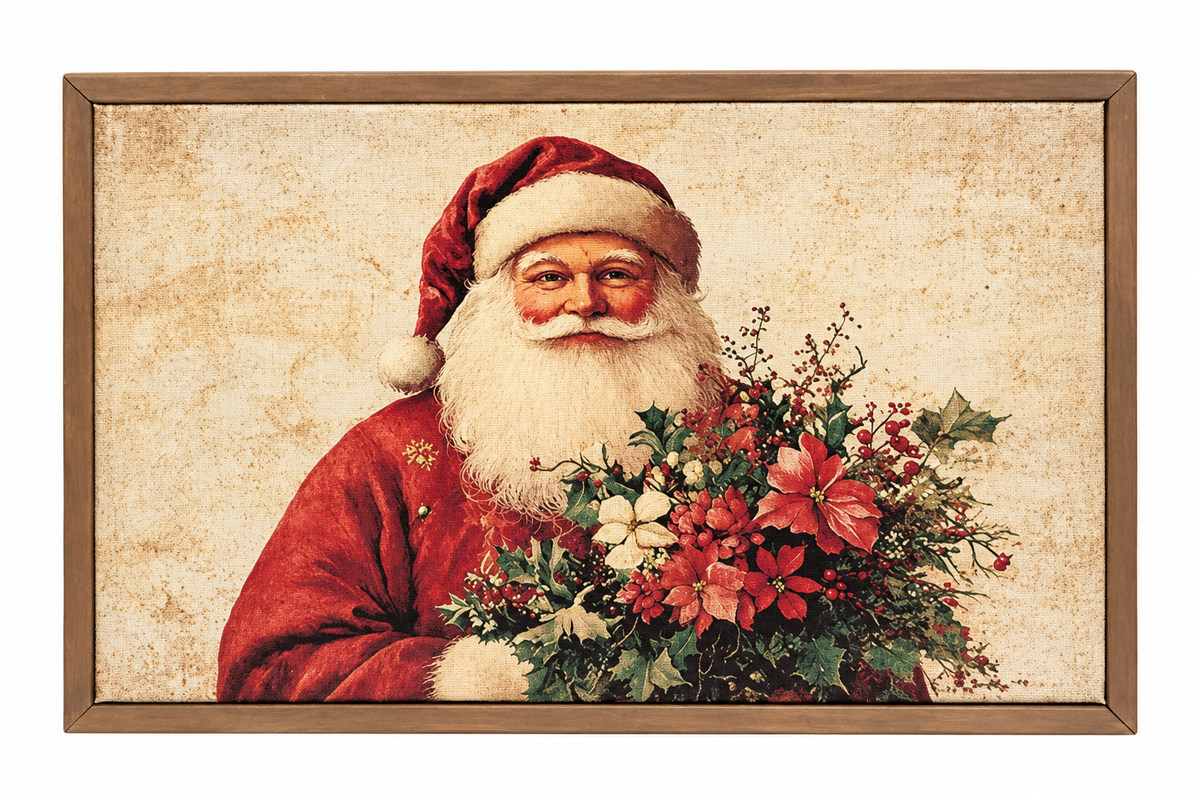 A framed Christmas art print depicting Santa Claus in a red suit and hat holding a bouquet of red poinsettias and green holly leaves, set against a warm beige textured background.