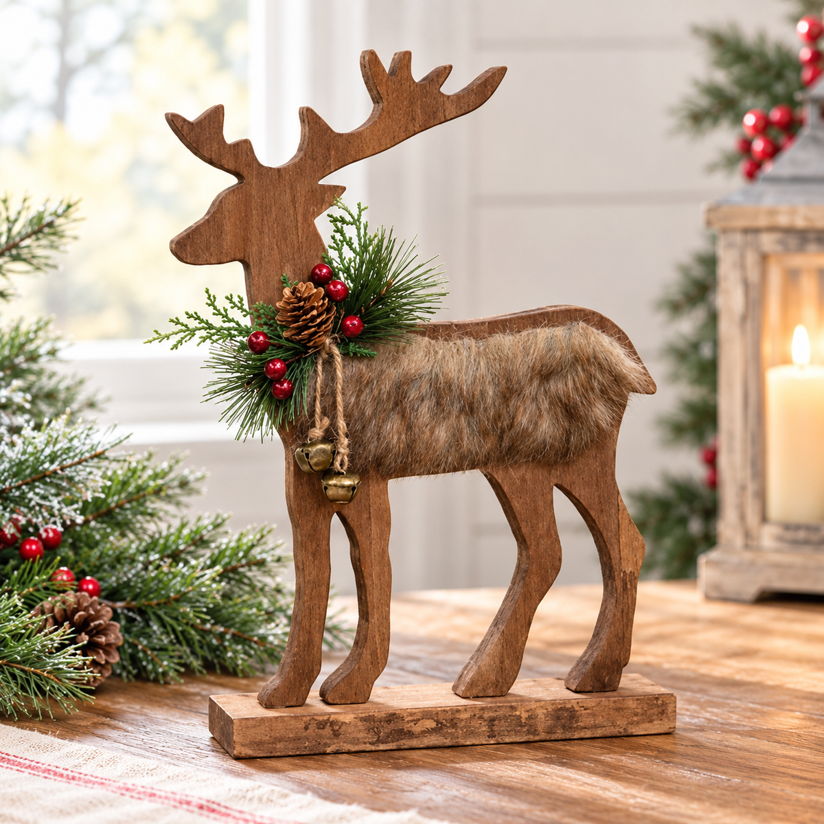 A rustic wooden reindeer figurine with antlers, standing on a matching base. The reindeer has a brown faux-fur body, a natural wood head and legs, and is decorated with green pine branches, a pinecone, red berries, and a small gold bell.