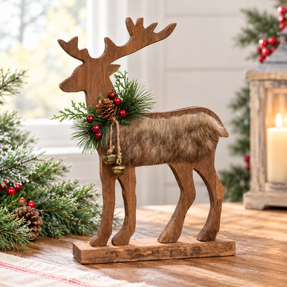 A rustic wooden reindeer figurine with antlers, standing on a matching base. The reindeer has a brown faux-fur body, a natural wood head and legs, and is decorated with green pine branches, a pinecone, red berries, and a small gold bell.