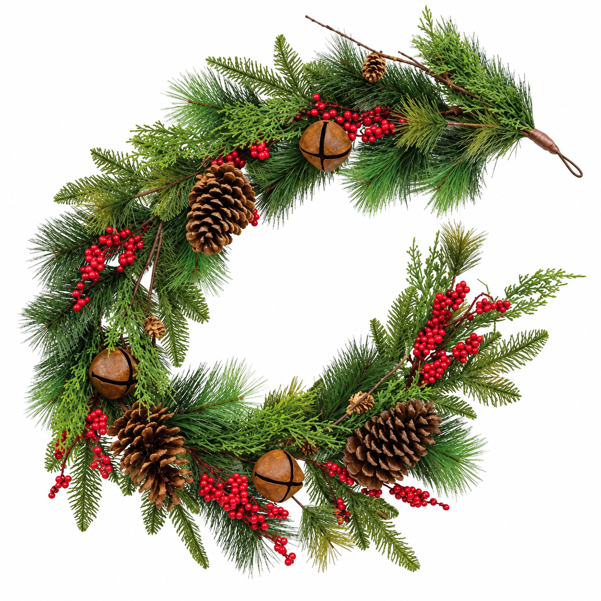 A festive Christmas wreath made of green pine branches, decorated with brown pinecones, clusters of red berries, and small gold bells, isolated on a white background.