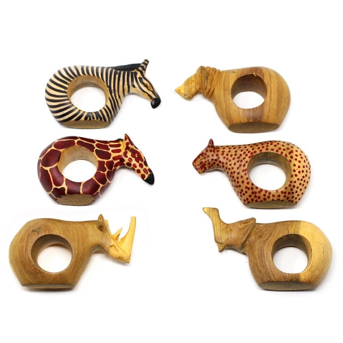 Set of six wooden napkin rings featuring safari animals: lion, cheetah, elephant, rhinoceros, giraffe, and zebra.