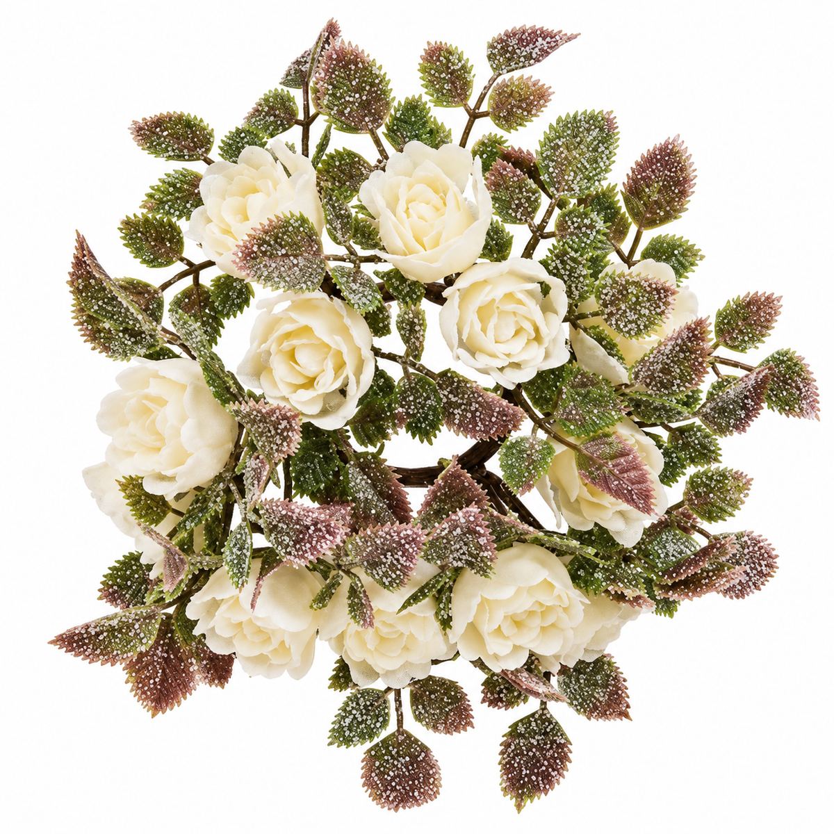 An artificial floral wreath featuring cream-colored faux roses and textured green leaves with dusty rose-brown tips, isolated on a white background.