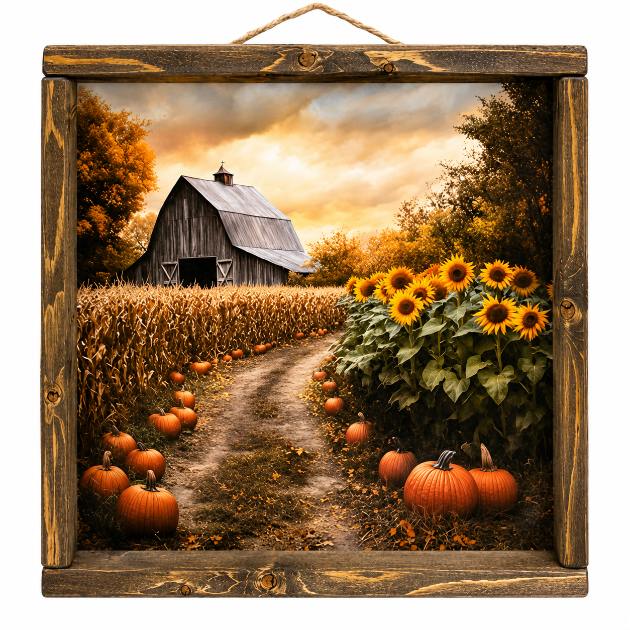 A square framed rustic wall art print depicting an autumn farm scene with a barn, sunflowers, pumpkins, and a dirt path under a dramatic sky.