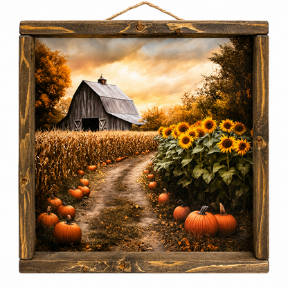 A square framed rustic wall art print depicting an autumn farm scene with a barn, sunflowers, pumpkins, and a dirt path under a dramatic sky.