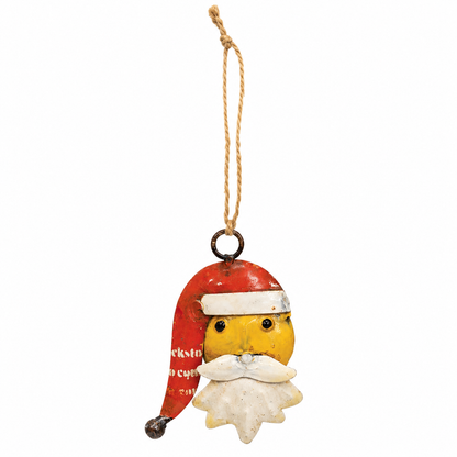 A vintage-style Christmas ornament shaped like a yellow head with a red Santa hat and white beard, hanging from a natural jute string on a plain white background.