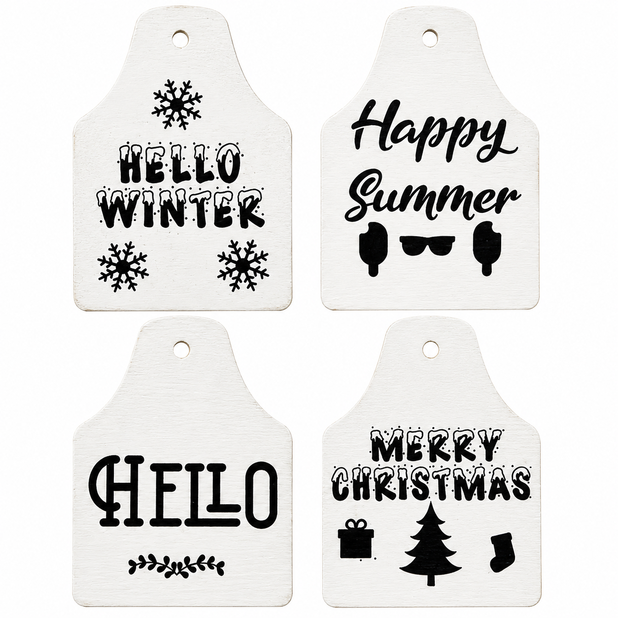 Interchangeable wooden seasonal ear tags for farmhouse cow welcome sign featuring Hello Winter, Happy Summer, Hello, and Merry Christmas designs