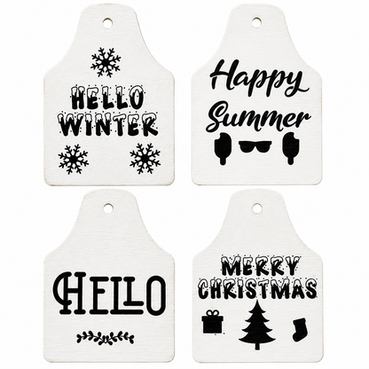 Interchangeable wooden seasonal ear tags for farmhouse cow welcome sign featuring Hello Winter, Happy Summer, Hello, and Merry Christmas designs