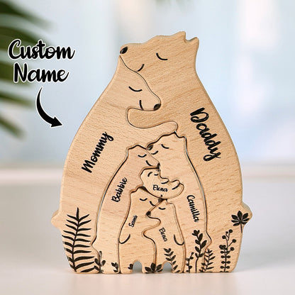 7-piece personalized wooden bear puzzle, custom engraved with names, ideal for family gifts, celebrations, and creating lasting memories.