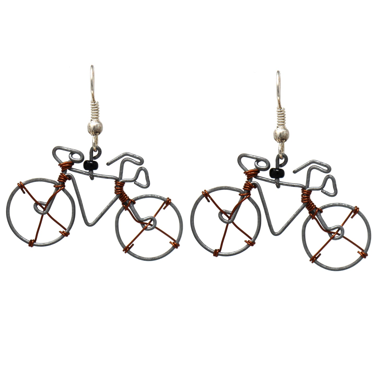 Recycled wire bicycle earrings, handcrafted in Kenya, eco-friendly jewelry, African artisan dangle earrings, ethical trade accessories.