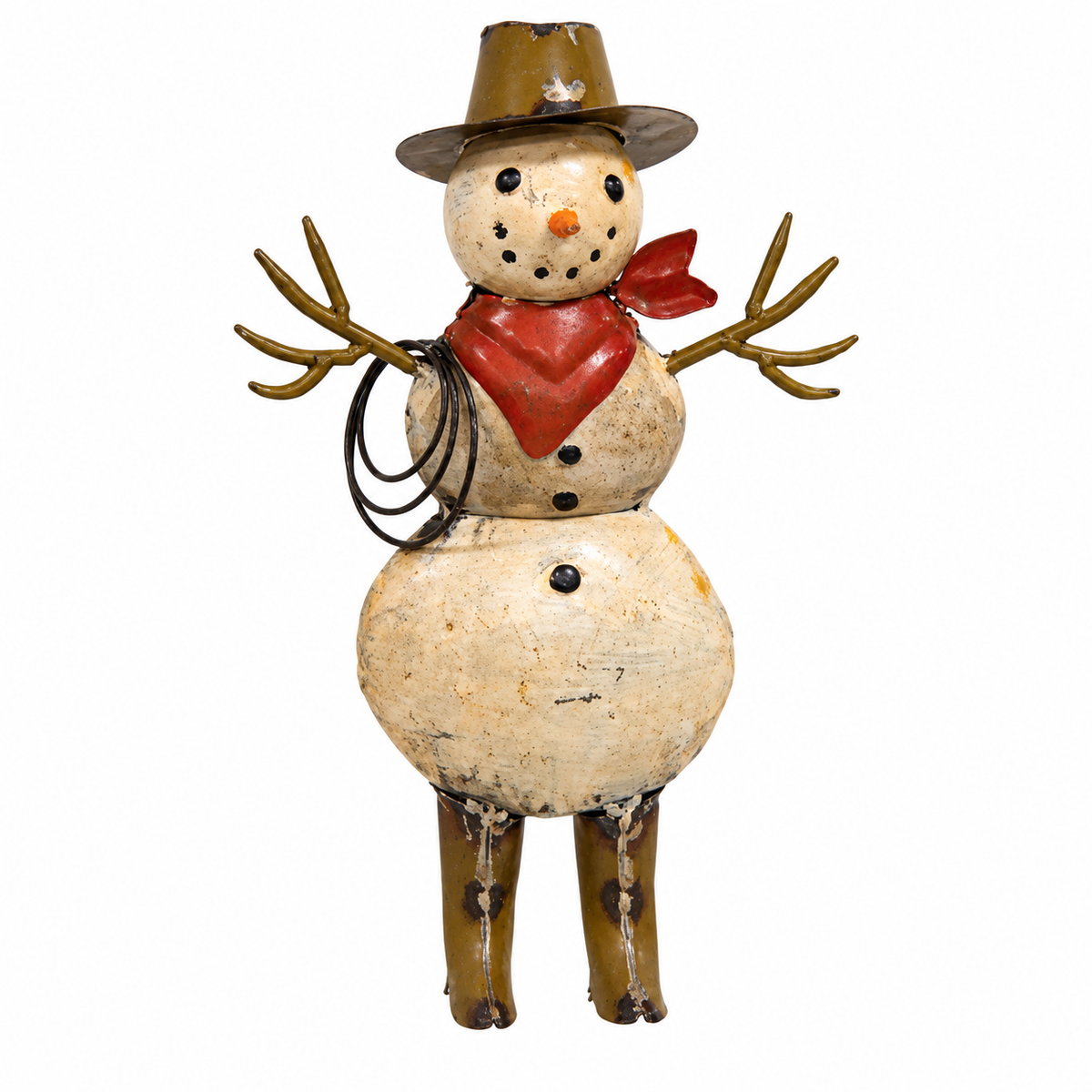 A rustic, hand-painted snowman figurine made from stacked natural wood spheres, wearing a brown hat, a red scarf, and holding a lasso, set against a plain white background.