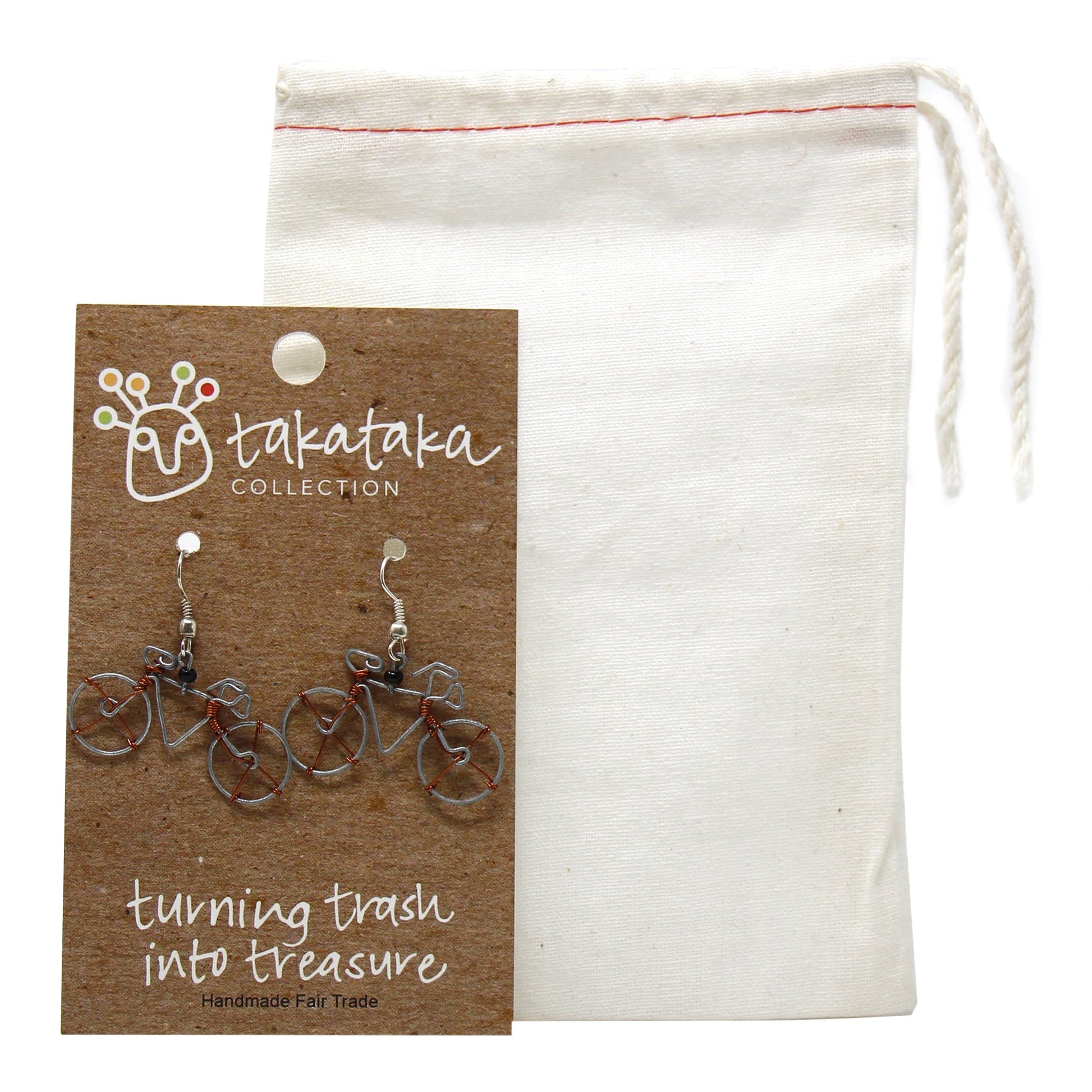 Recycled wire bicycle earrings, handcrafted in Kenya, eco-friendly jewelry, African artisan dangle earrings, ethical trade accessories.