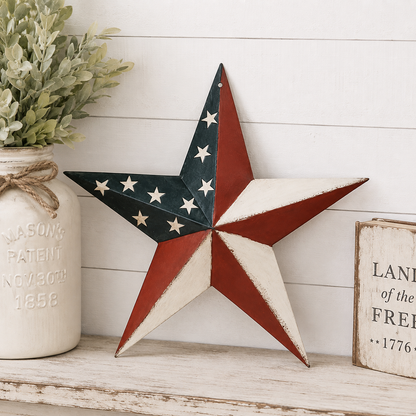 Americana metal barn star with a red, white, and blue American flag-inspired finish displayed for farmhouse wall décor