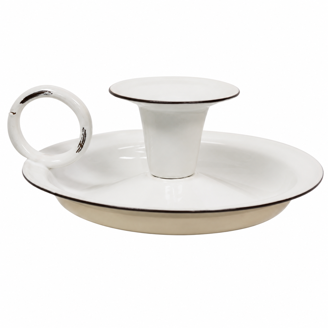 A white ceramic candelabra with a circular ring handle, a central candle holder, and a shallow tray base, accented with a thin black rim on a white background.