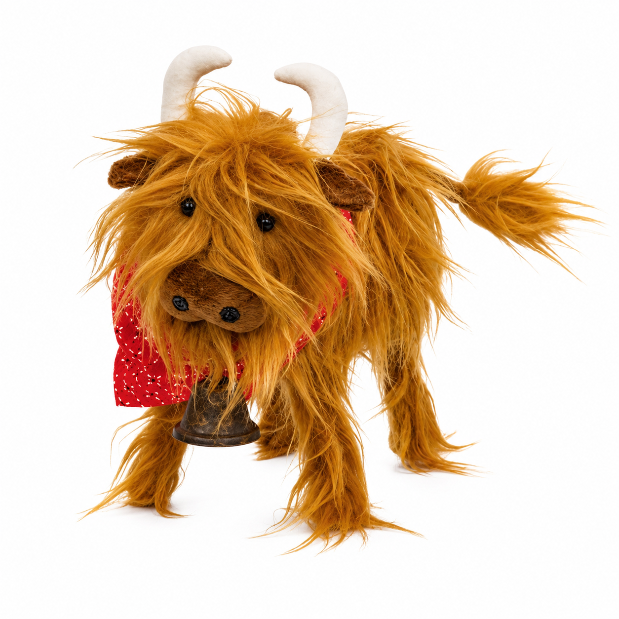 Decorative Highland cow shelf sitter featuring soft brown plush, farmhouse bandana, rustic bell, wooden legs, and country-inspired styling for shelves, mantels, tiered trays, and seasonal displays.