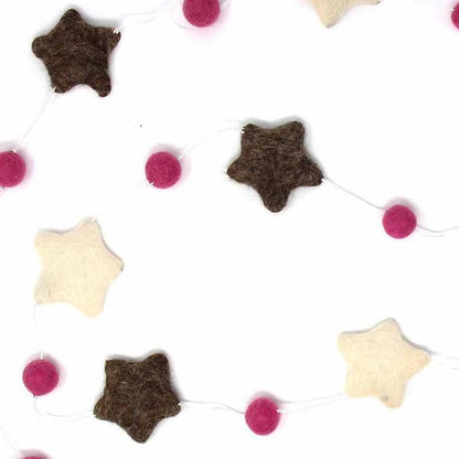 Fair trade wool garland with stars and spheres in pink and grey