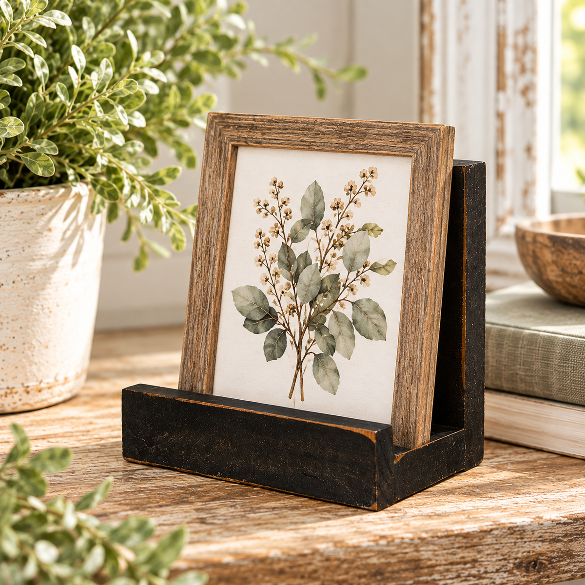 A small framed botanical print with a rustic wood frame and black display stand, styled on a wooden table with potted greenery and books in a bright indoor setting.