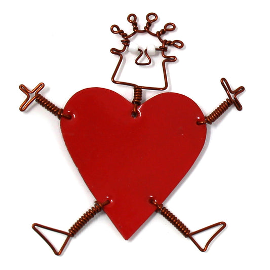 Handmade heart-shaped dancing girl pin crafted from recycled tin and copper wire.