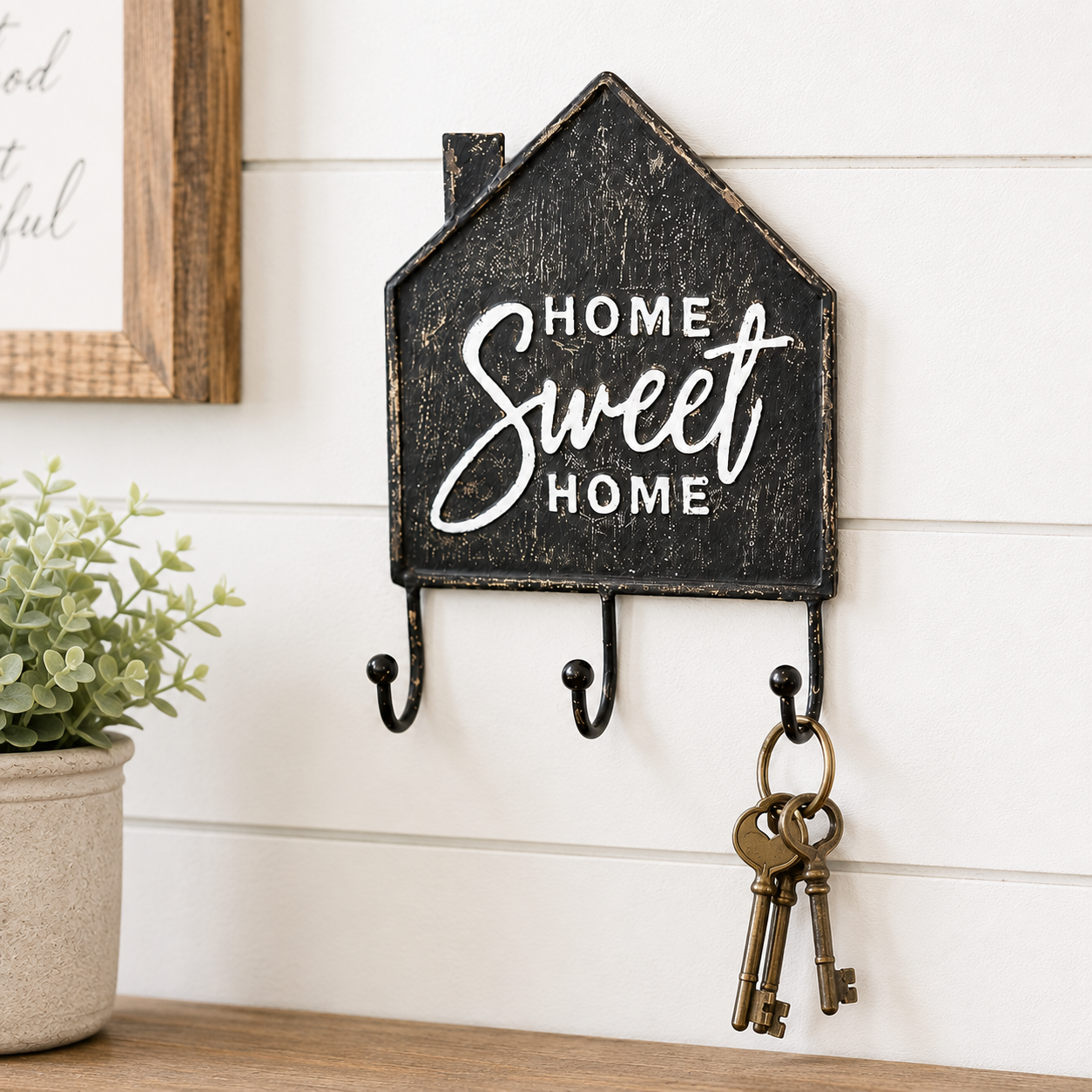 Home Sweet Home black metal wall hook with three hooks and farmhouse house design for entryway organization