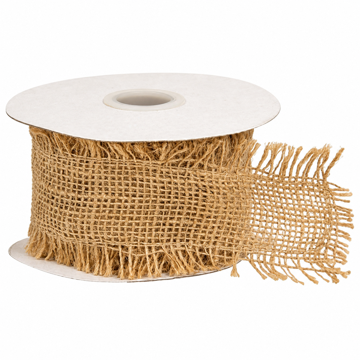 A spool of natural jute burlap ribbon with fringed edges, shown on a clean white background.