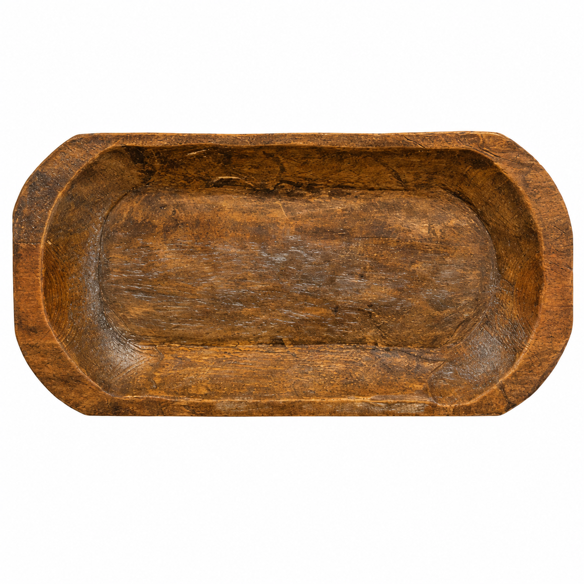 A rustic, hand-carved wooden serving tray with a rich brown finish and visible wood grain, isolated on a white background.