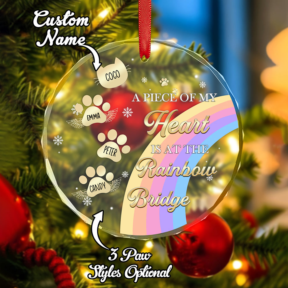 A front view of the Rainbow Bridge memorial ornament showcasing another design variation, with personalized pet names and unique paw print styles.