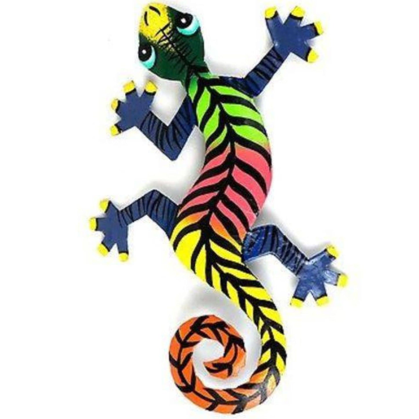 Vibrant steel gecko art piece with bold stripes and tab for easy wall hanging