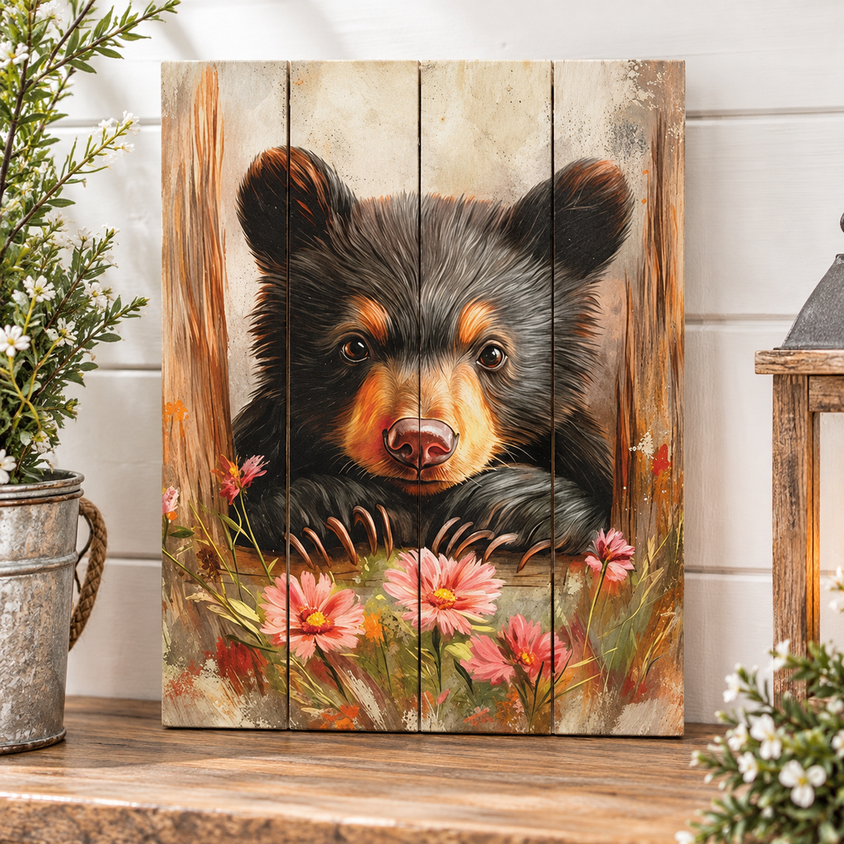 A vertical wooden sign featuring a painted black bear cub with pink flowers at the bottom, displayed on a wooden surface against a white paneled wall with decorative plants and a lantern.