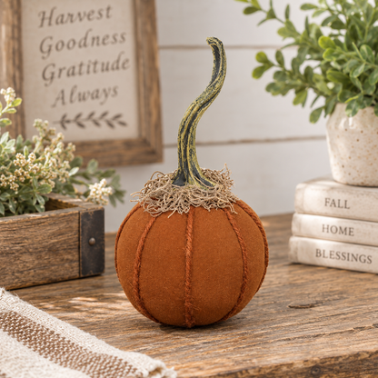 Orange stuffed fabric pumpkin with yarn ribbing, twisted weathered stem, and dried moss accent.