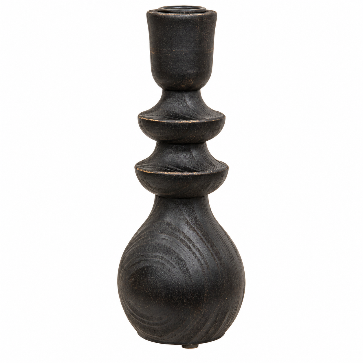 A dark brown wooden candlestick holder with a textured, distressed finish and a stacked, tiered design, shown against a plain white background.