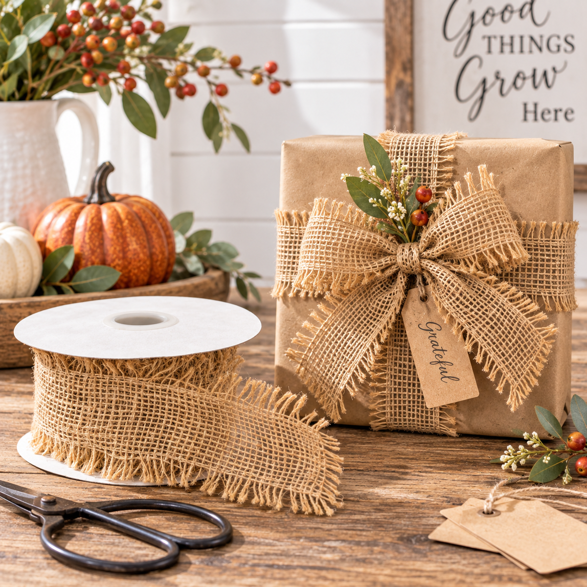 A spool of natural tan burlap ribbon with frayed edges is shown beside a wrapped gift box tied with a large burlap bow and a small hanging tag that reads 'Grateful.' The scene is styled on a wooden table with fall decor, including pumpkins, berries, scissors, and a sign in the background.