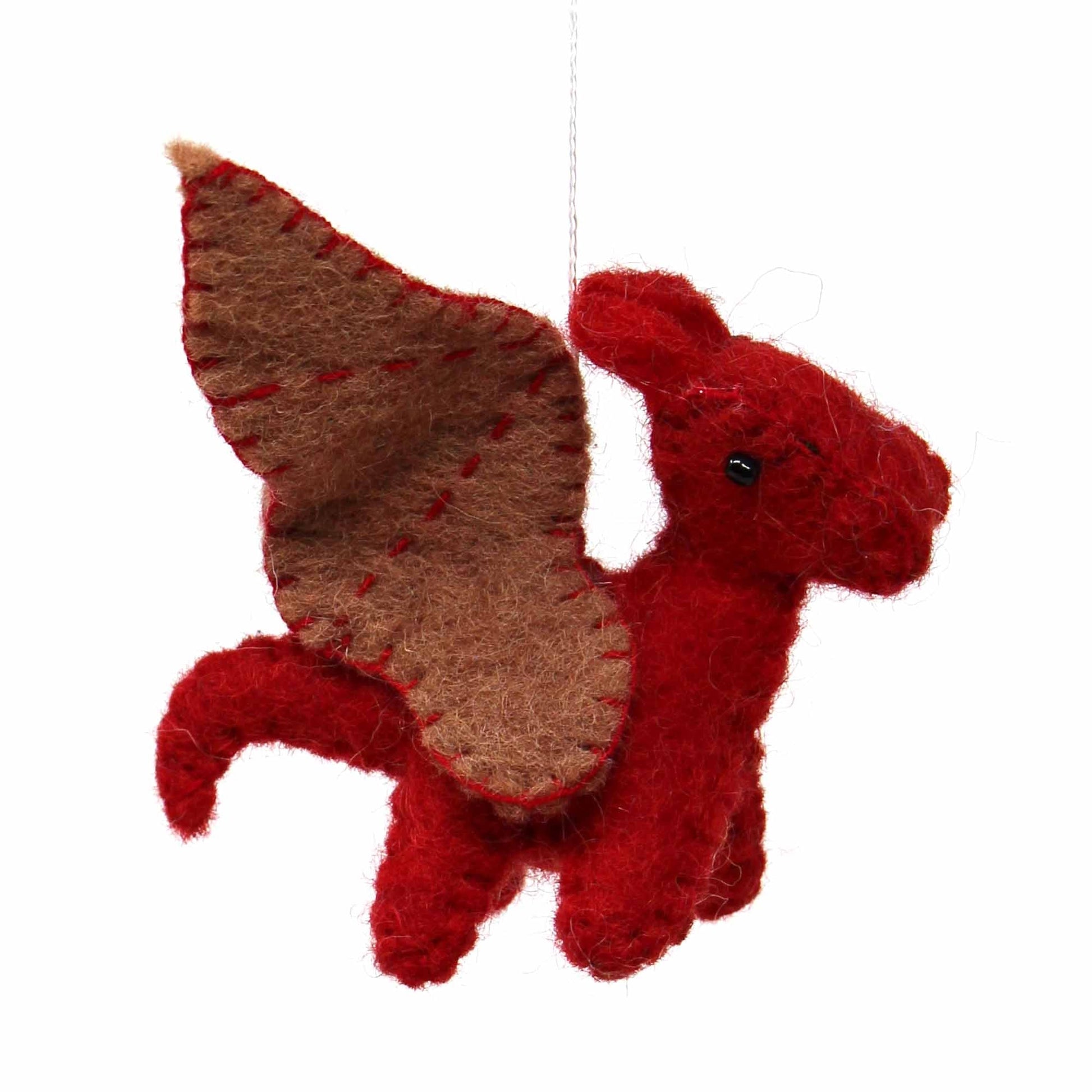 Whimsical handmade felt mobile, dragon nursery decor, Fair Trade wool craft, ethically sourced baby room hanging.