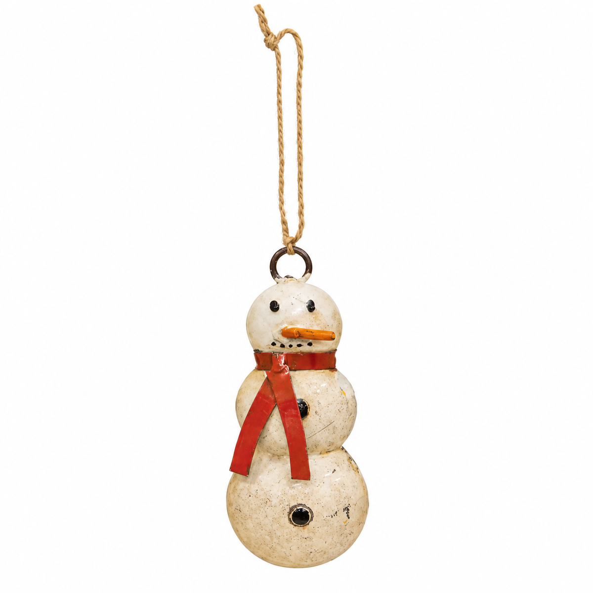 A rustic, hand-painted wooden snowman ornament with a red scarf, black eyes and buttons, and a natural wood hanging loop, shown against a plain white background.