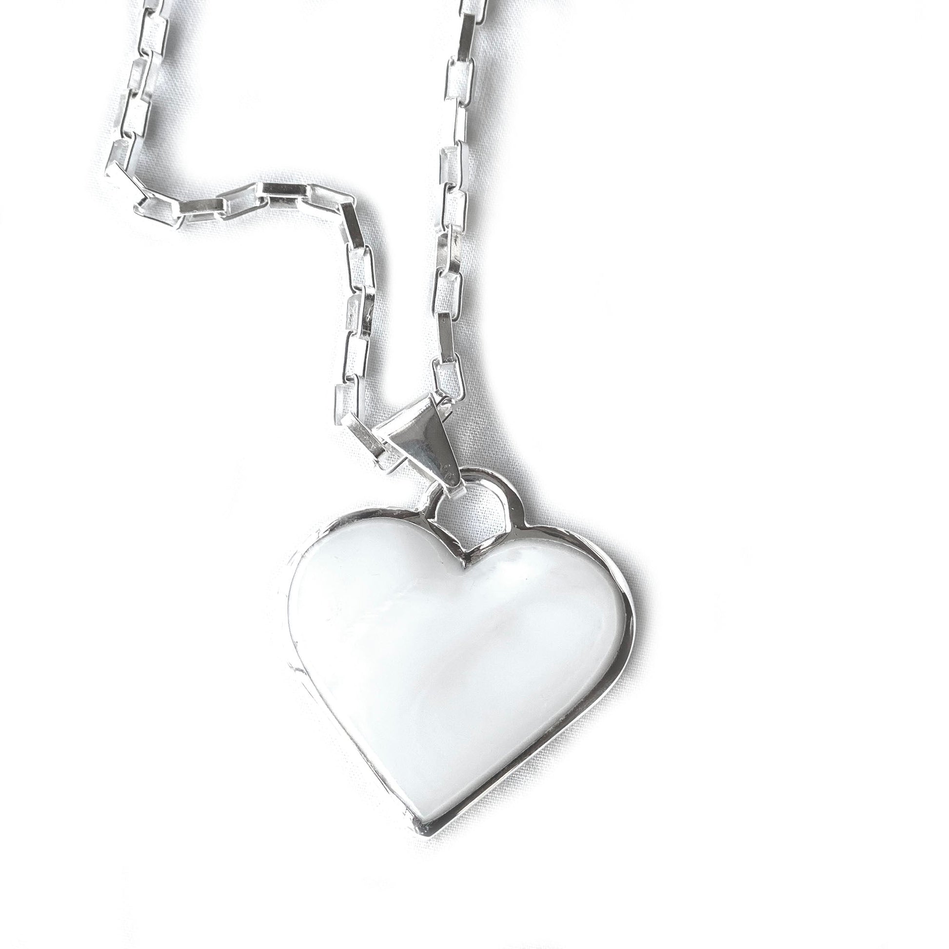 Lightweight handmade silver and shell heart pendant with chain